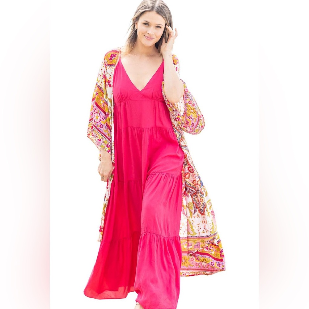 NWT Papillon Floral & Peacock Printed Duster sundress in fushia
